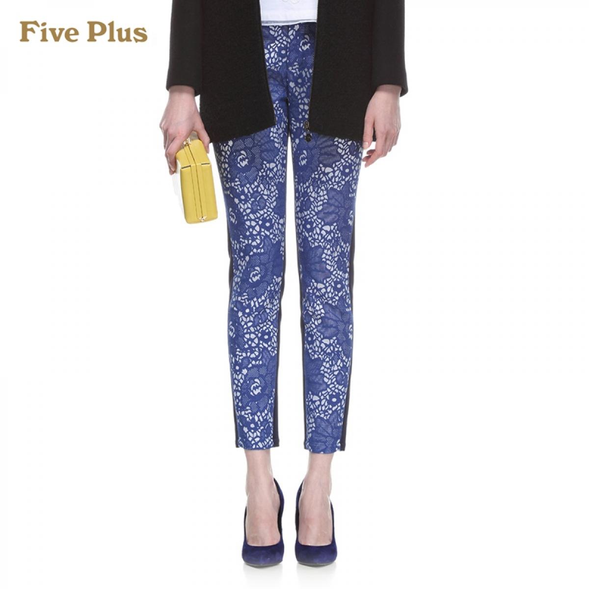 Five Plus新女冬装蕾丝拼接修身中腰小脚长裤休闲裤2134064760 宝蓝660 M