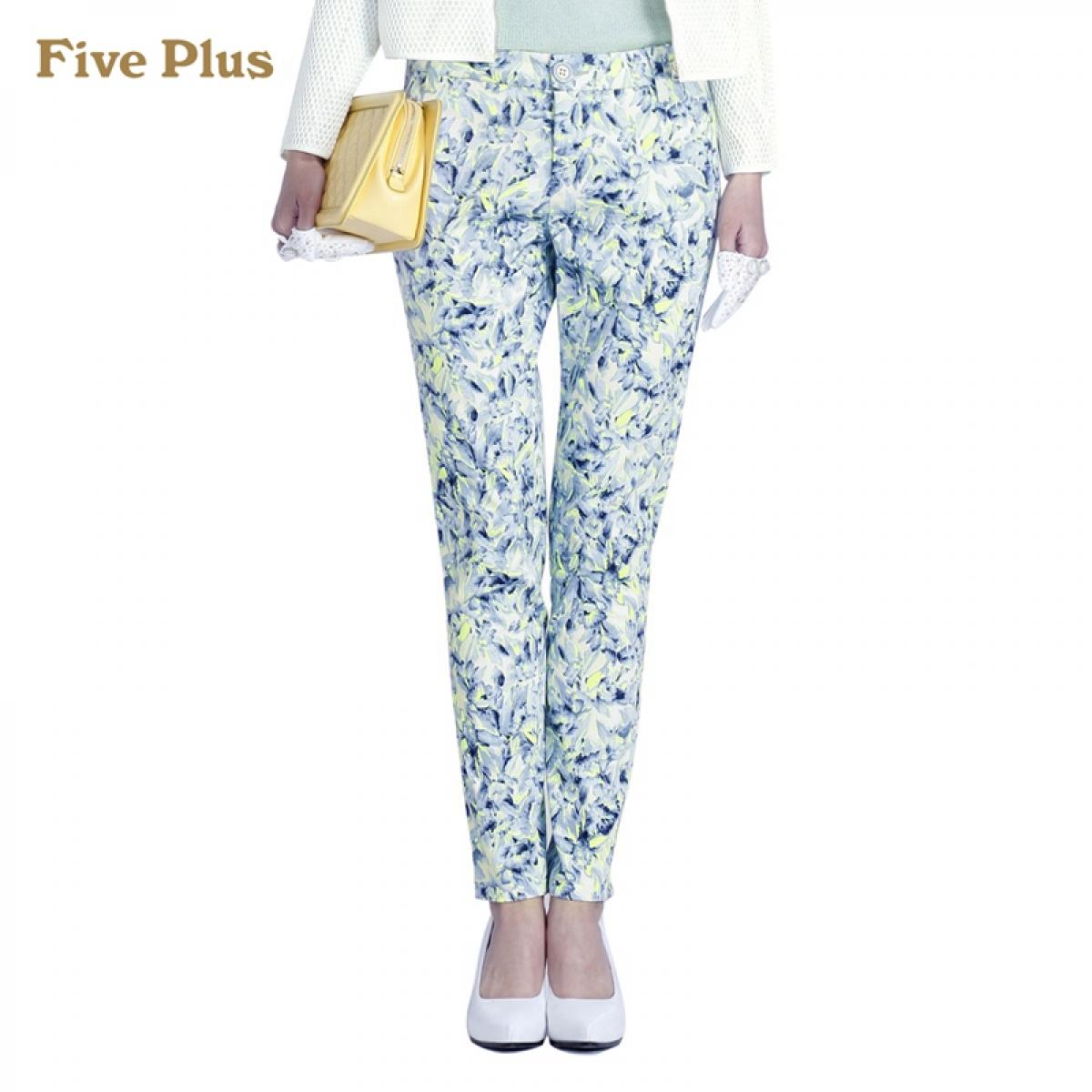 Five Plus新女春装休闲印花棉质弹力修身小脚铅笔长裤2135064270 灰蓝620 L