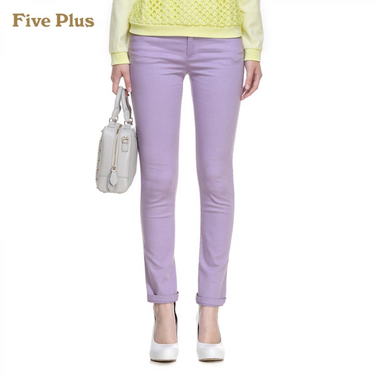 Five Plus新女春装棉质纯色弹力修身小脚牛仔裤长裤2135064600 粉紫770 M