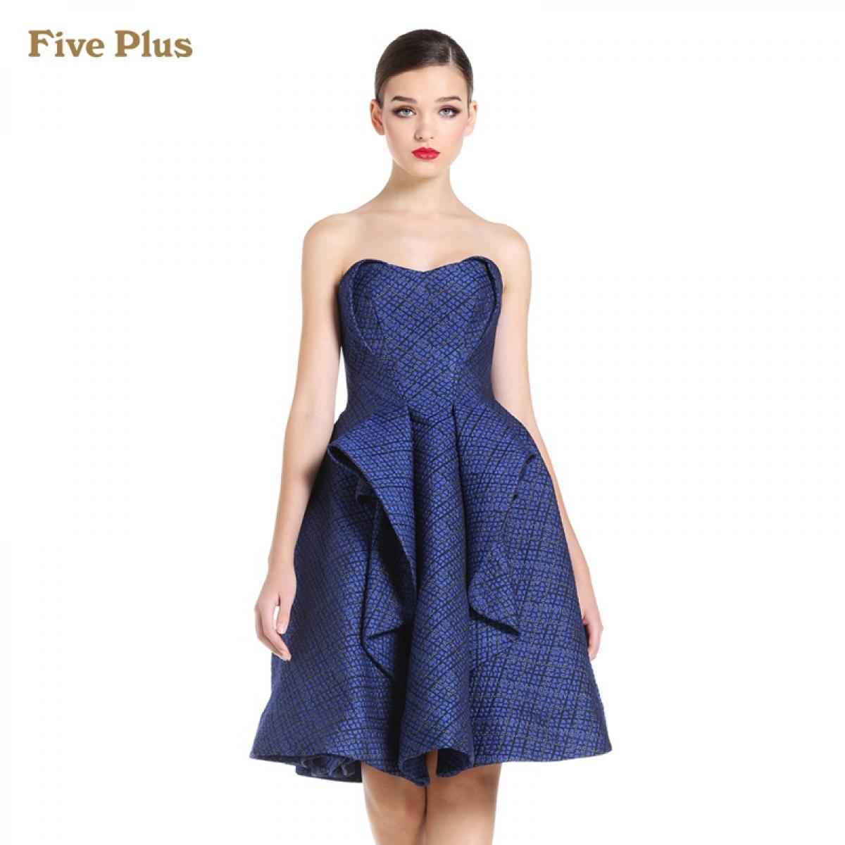 Five Plus新女春装格子荷叶边抹胸连衣裙小礼服2144086140 深蓝650 M