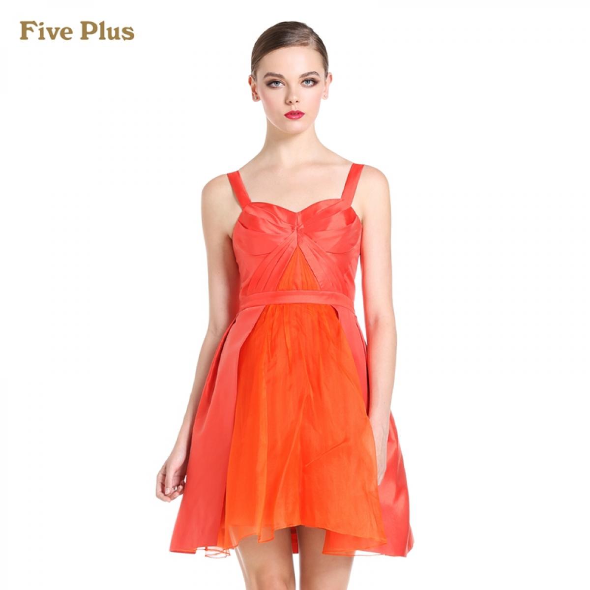 Five Plus新女春装拼接修身高腰吊带连衣裙小礼服2144086420 橙红140 M