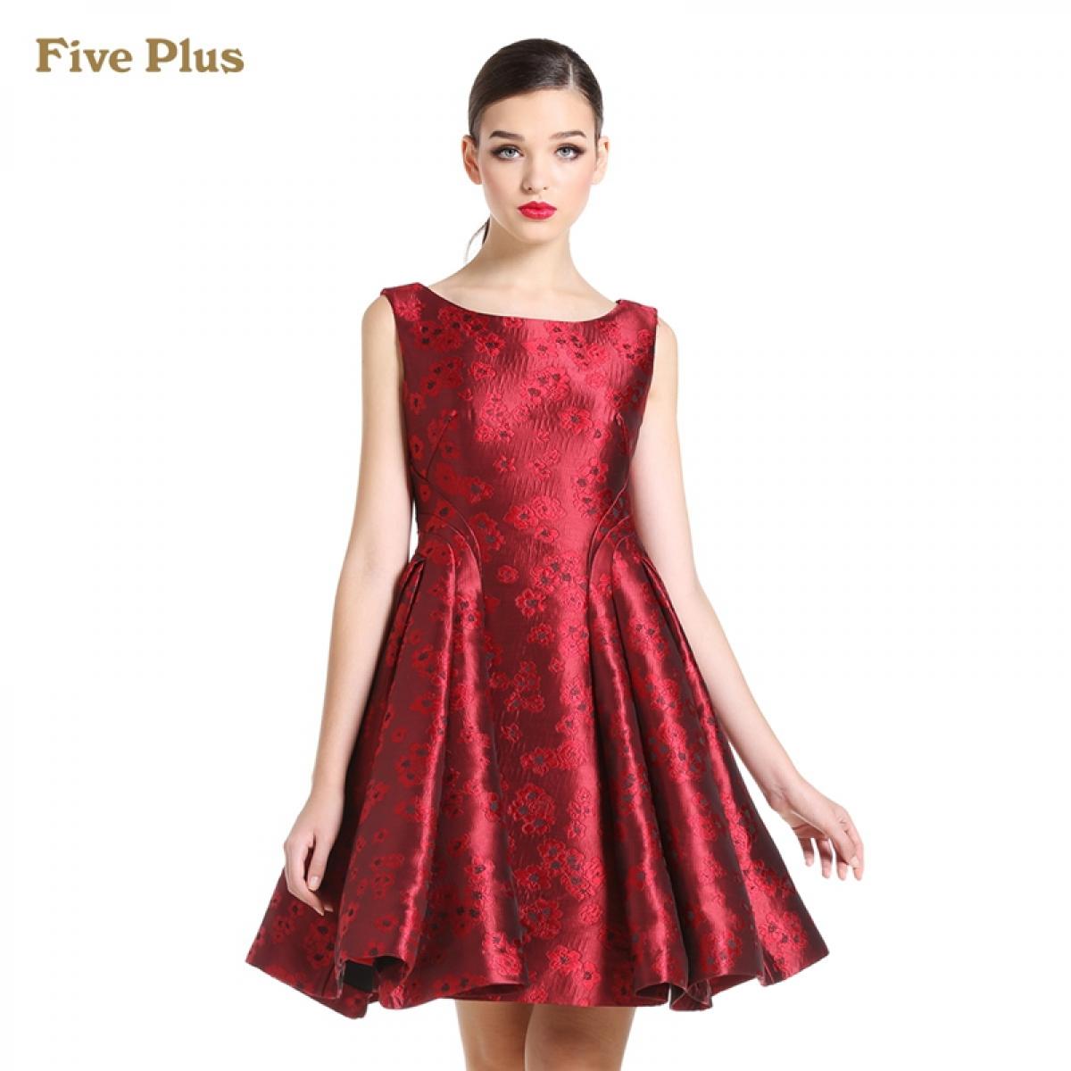 Five Plus新女春装提花高腰修身无袖连衣裙小礼服2144086010 大红120 L