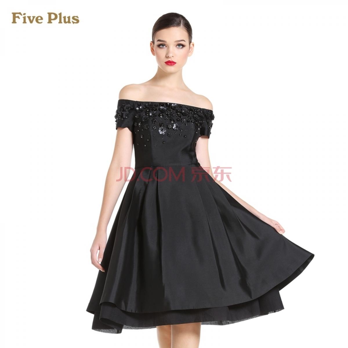 Five Plus新女春装钉珠修身露肩短袖连衣裙小礼服2144086300 黑色090 M