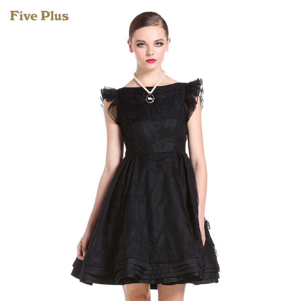 Five Plus新女春装刺绣荷叶边修身连衣裙小礼服2144086100 黑色090 M