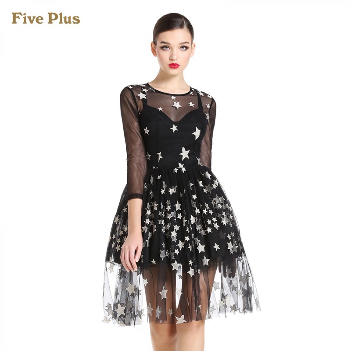 Five Plus新女春装星星刺绣中袖修身连衣裙小礼服2144086080 黑色090 M