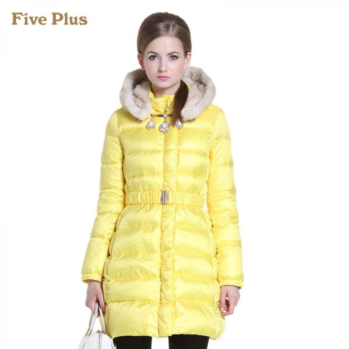 Five Plus新女冬装休闲毛领连帽宽松中长厚羽绒服外套2134334840 亮黄411 L