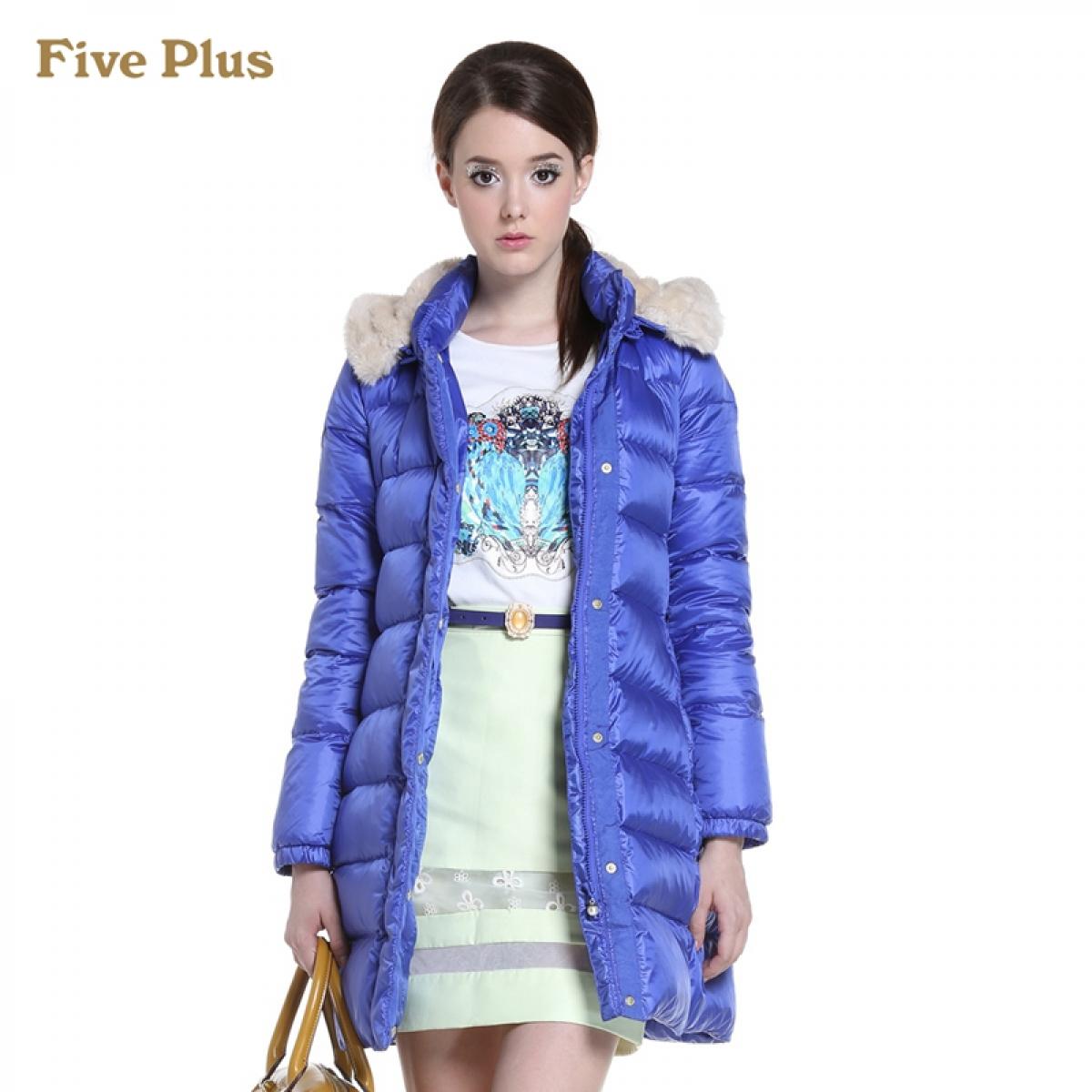 Five Plus新女冬装休闲毛领连帽宽松中长厚羽绒服外套2134334840 彩蓝601 XL