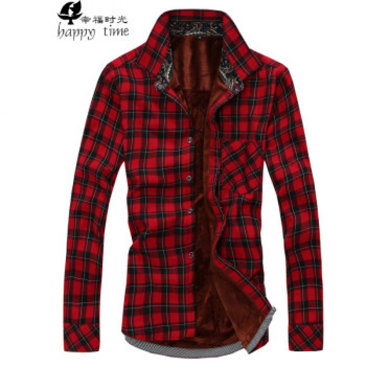 TOPOT2014秋季款男士休闲长袖衬衫 磨毛格子衬衣男 天蓝白格 L