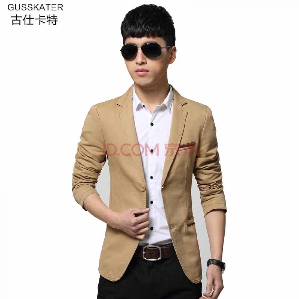 2015春秋装修身型潮男士休闲韩版小西装男版单西服男上衣春秋季青年外套 卡其色1625 L(100-120斤)